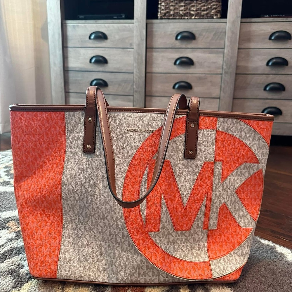 Michael Kors Orange and Tan Signature Tote